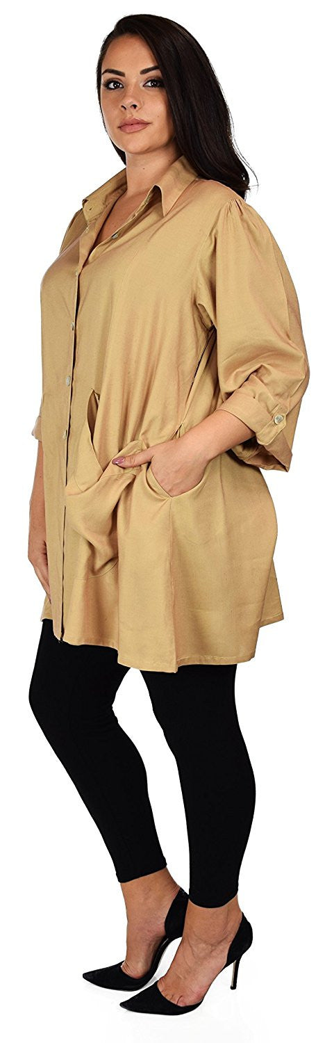 Button Down Tunic Blouse Shirt w/ Roll Up Sleeves