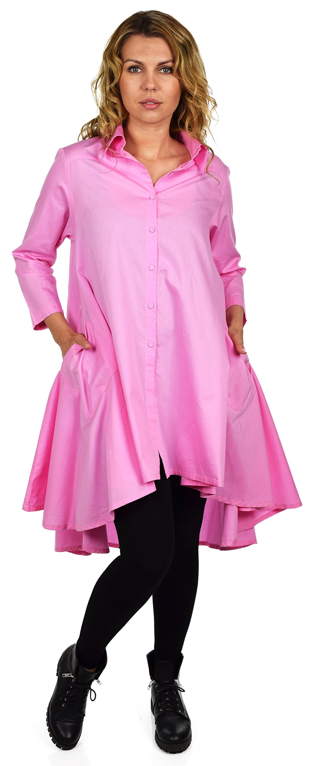 Hi Low Button Down A Line Swing Dress Shirt Top Reg and Plus Sizes
