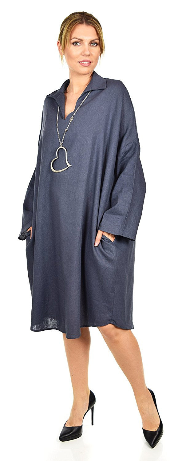 Oversized Linen Lagenlook V-Neck Collar Dress with Side Pockets,  Linen Blouse, Women Linen Tunic, One Size Fits All