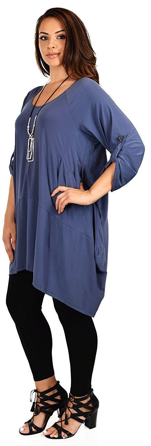Asymmetrical Lagenlook Tunic, Fishtail Tunic , European inspired Tunic Top w/ Roll Up Sleeves Plus Size