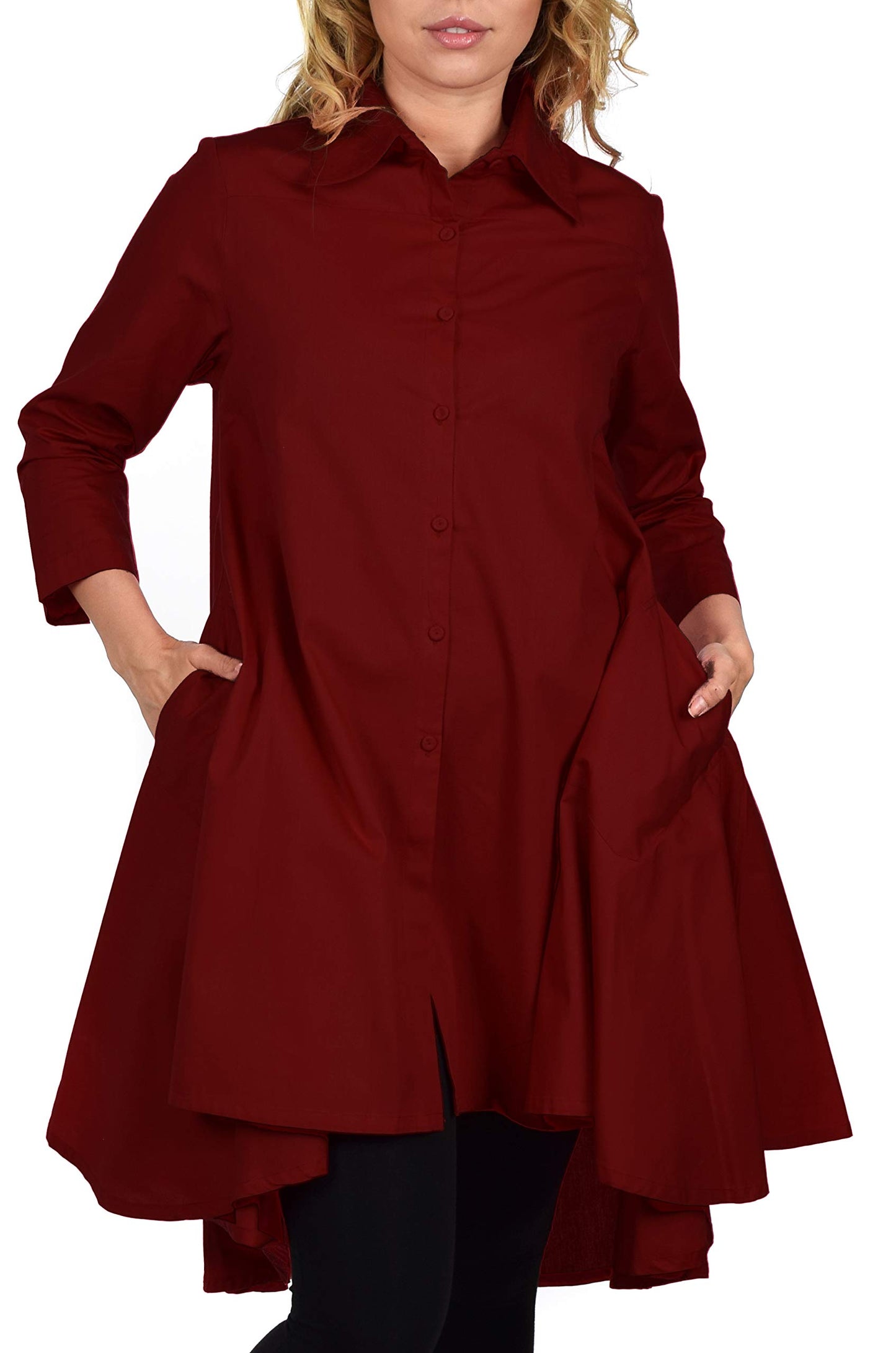 Hi Low Button Down A Line Swing Dress Shirt Top Reg and Plus Sizes