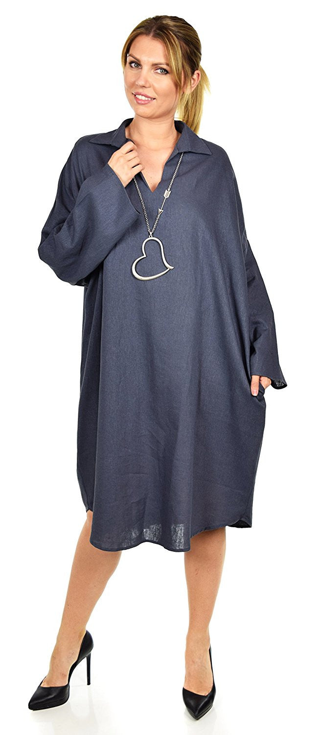 Oversized Linen Lagenlook V-Neck Collar Dress with Side Pockets,  Linen Blouse, Women Linen Tunic, One Size Fits All