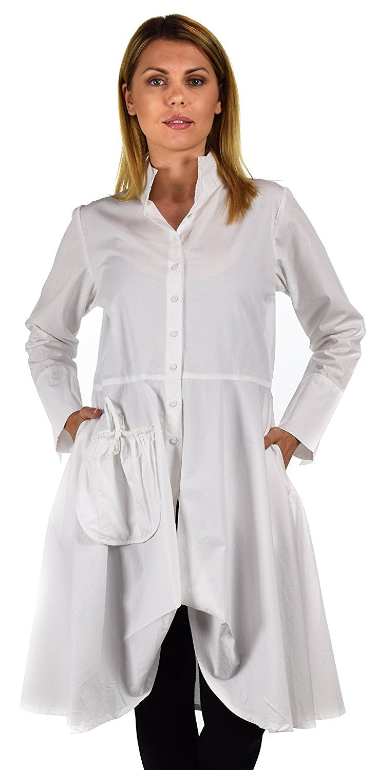 Hi Lo Banded Collar Button Down A Line Swing Dress Shirt Top