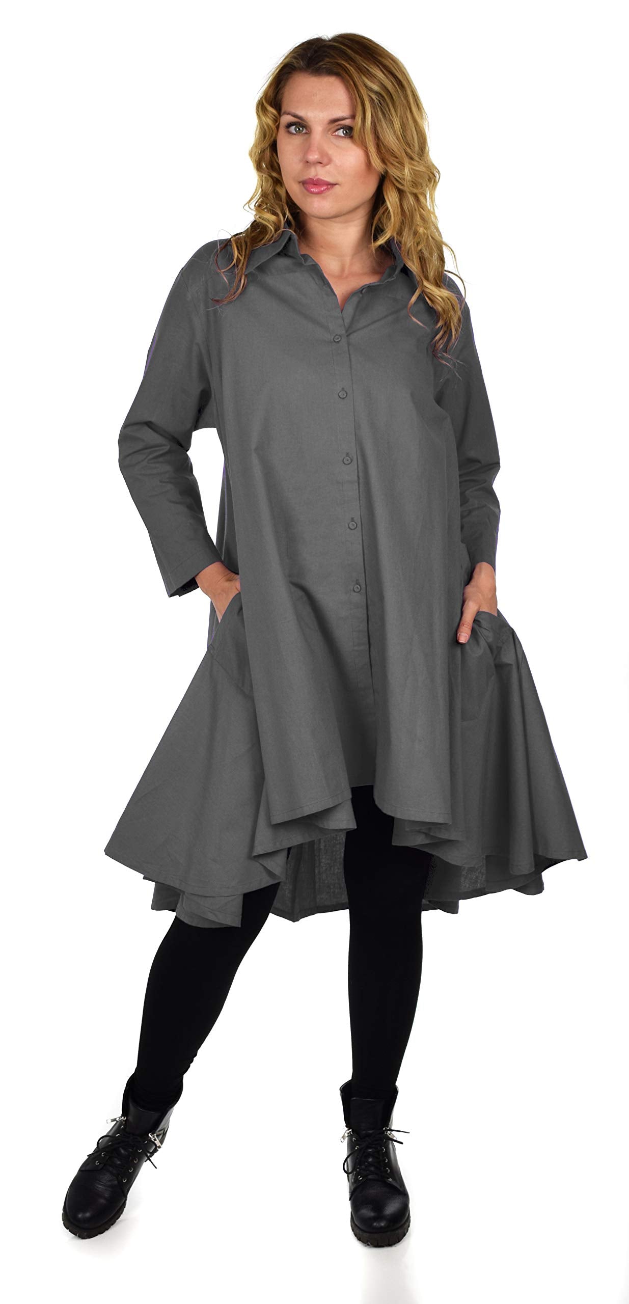 Hi Low Button Down A Line Swing Dress Shirt Top Reg and Plus Sizes