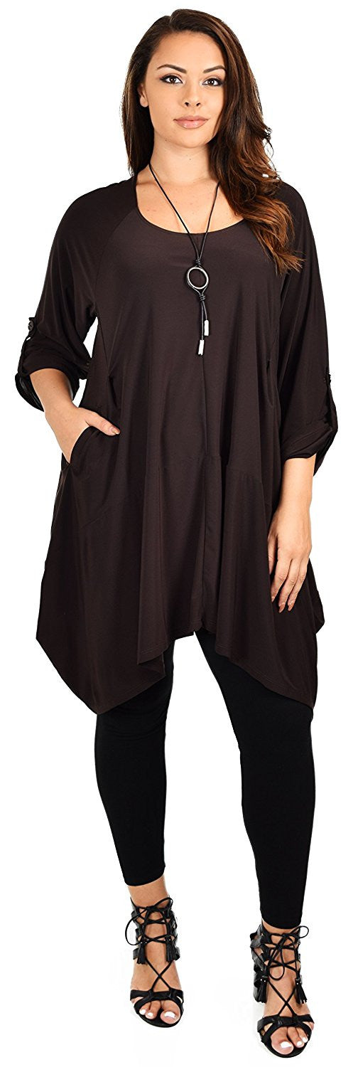 Asymmetrical Lagenlook Tunic, Fishtail Tunic , European inspired Tunic Top w/ Roll Up Sleeves Plus Size