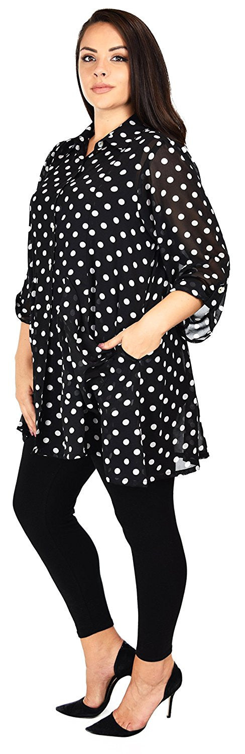 Button Down Semi-Sheer Tunic Blouse Shirt w/ Roll Up Sleeves