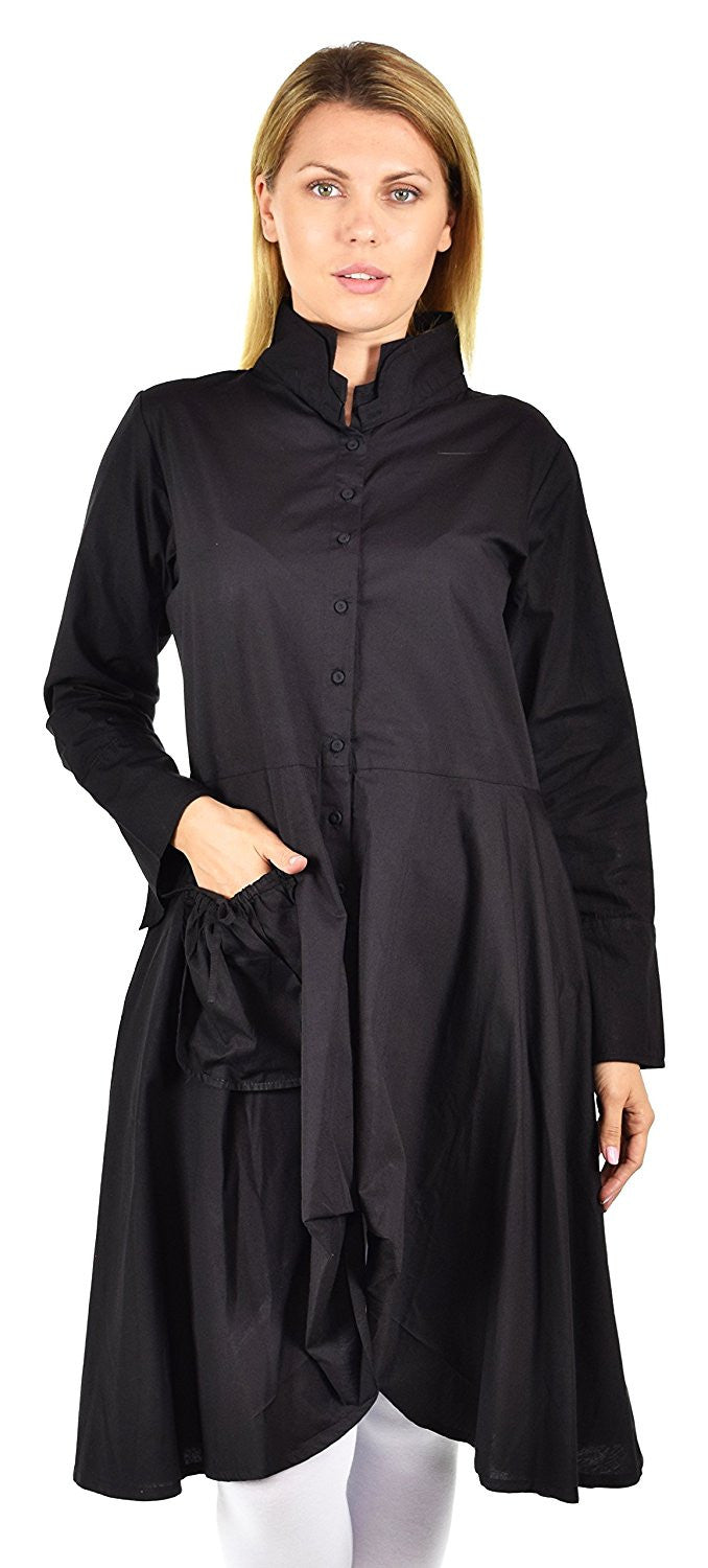 Hi Lo Banded Collar Button Down A Line Swing Dress Shirt Top