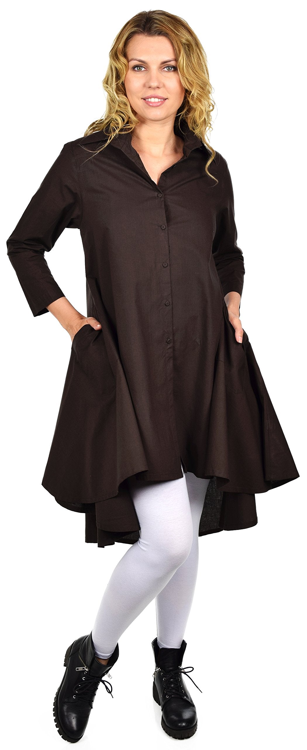 Hi Low Button Down A Line Swing Dress Shirt Top Reg and Plus Sizes