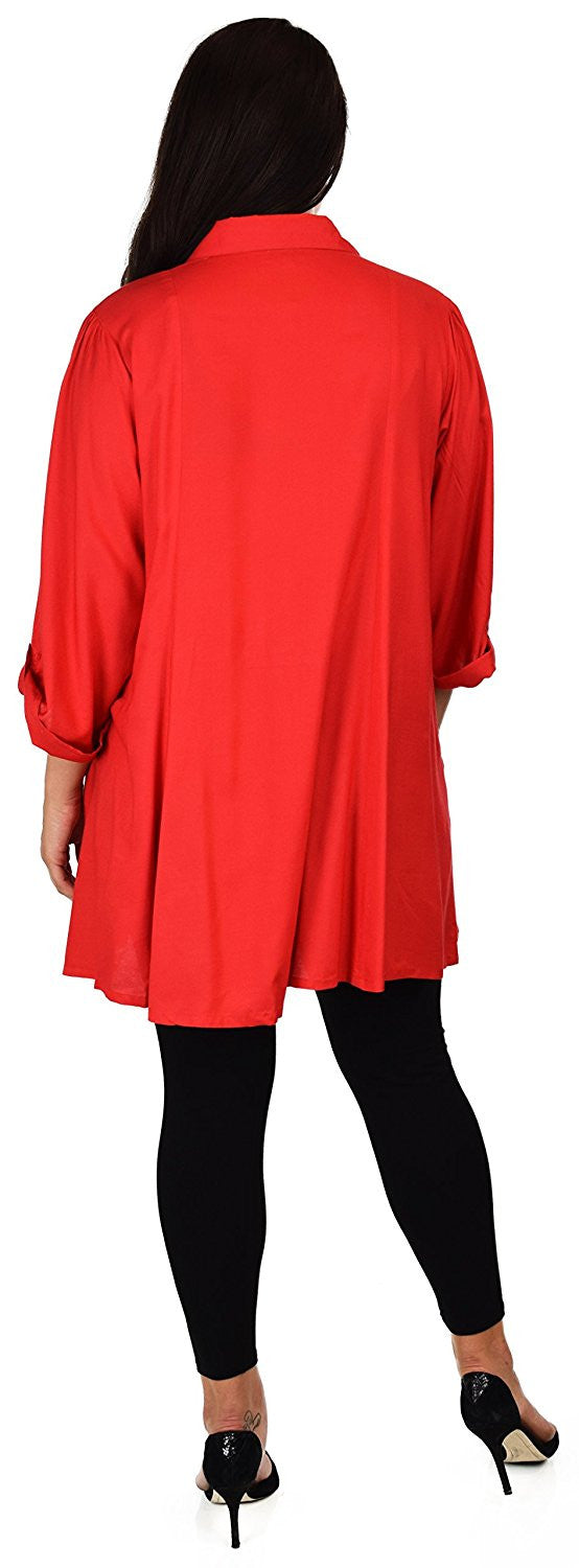 Button Down Tunic Blouse Shirt w/ Roll Up Sleeves