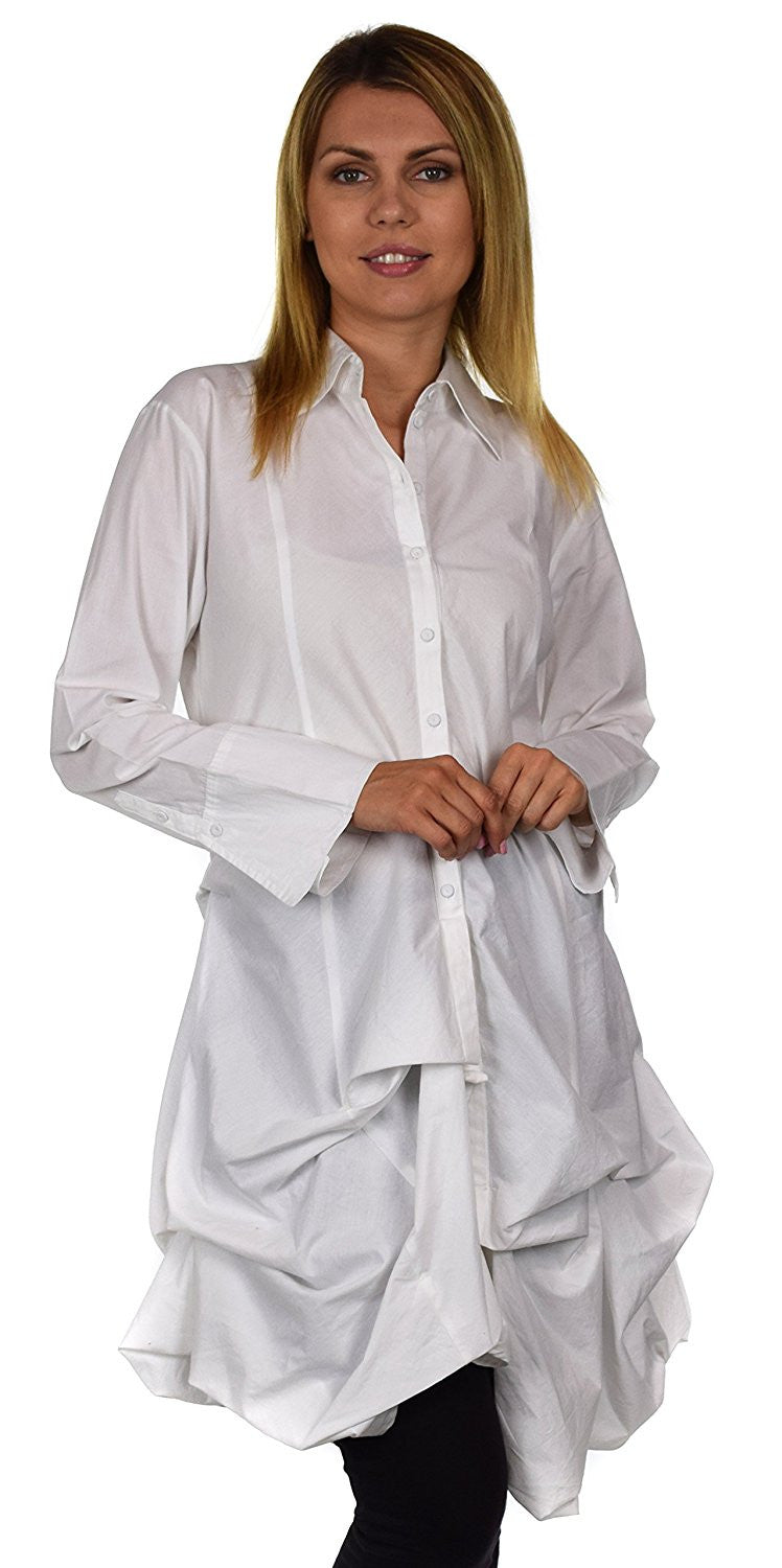 Puckered Look Button Down Uneven Swing Dress Shirt Top Plus Sizes