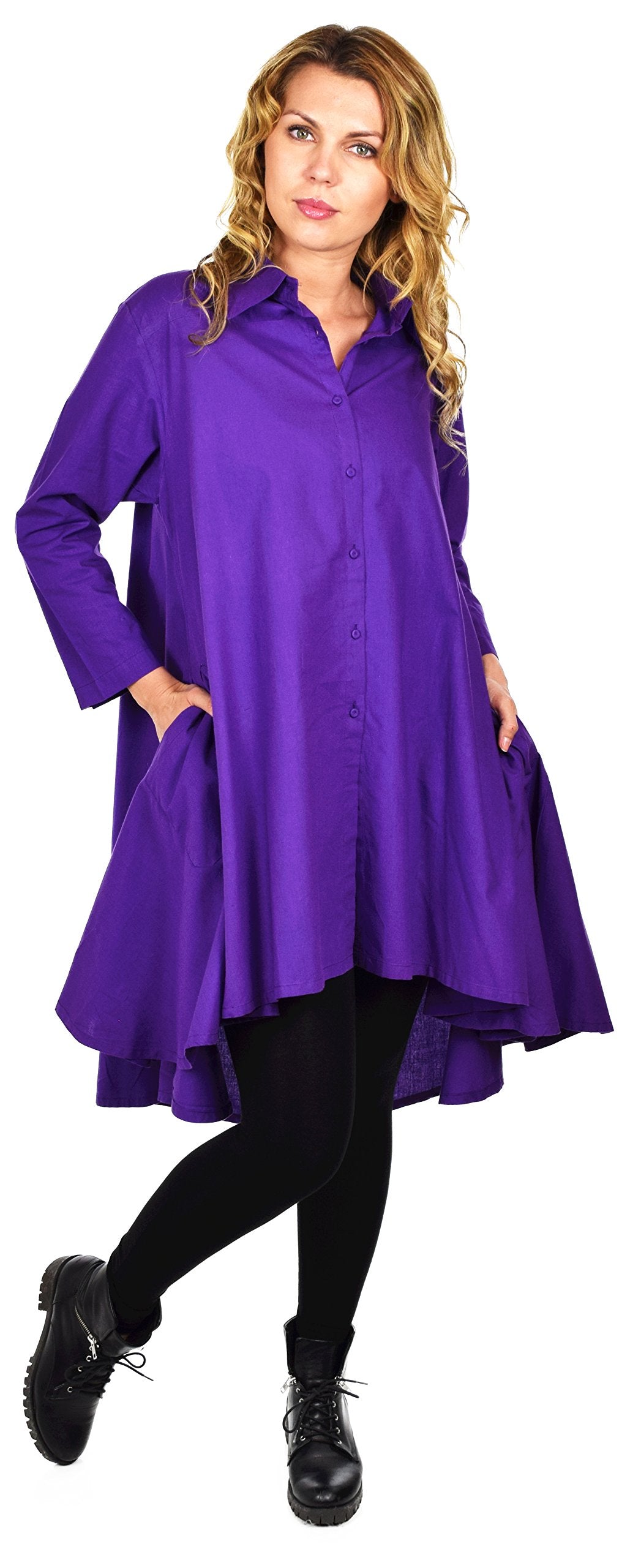 Hi Low Button Down A Line Swing Dress Shirt Top Reg and Plus Sizes