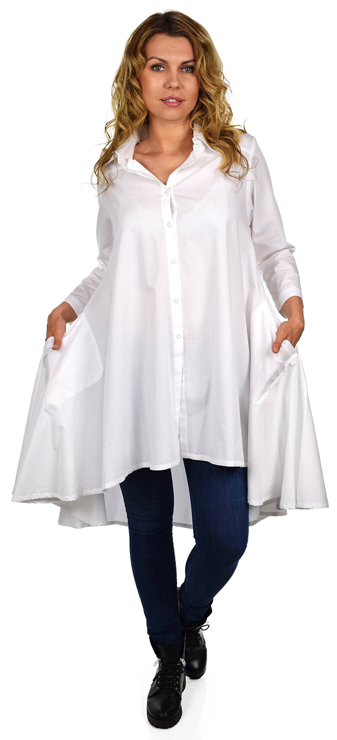 Hi Low Button Down A Line Swing Dress Shirt Top Reg and Plus Sizes