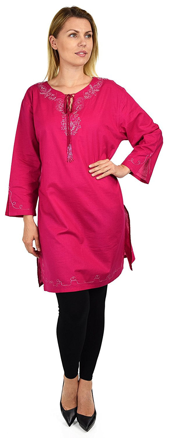 Embroidered Cotton Blouse, Women Cotton Tunic, Cotton Summer Tunic, Cotton Beach Wear,  Shirt Top w/ Drawstring Neck Reg and Plus Sizes