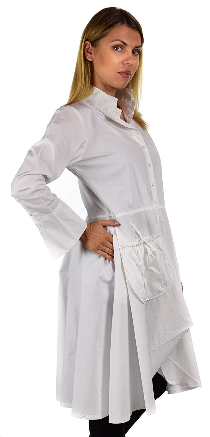 Hi Lo Banded Collar Button Down A Line Swing Dress Shirt Top