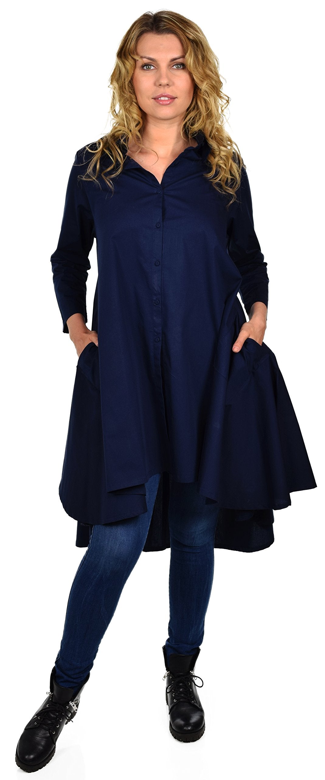 Hi Low Button Down A Line Swing Dress Shirt Top Reg and Plus Sizes