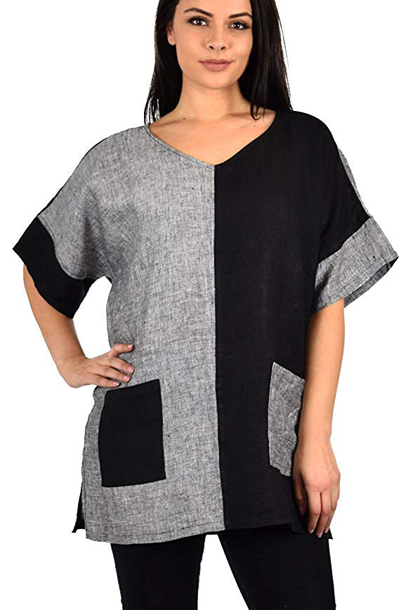 Zopali Women's 100% Linen Two Tone Oversized Tunic Shirt Top | Plus & Reg Sizes