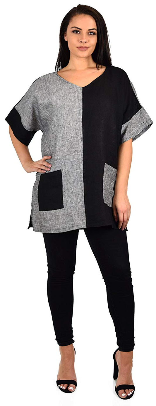Zopali Women's 100% Linen Two Tone Oversized Tunic Shirt Top | Plus & Reg Sizes