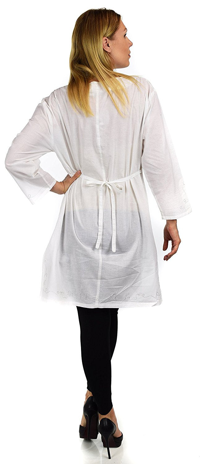 Embroidered Cotton Blouse, Women Cotton Tunic, Cotton Summer Tunic, Cotton Beach Wear,  Shirt Top w/ Drawstring Neck Reg and Plus Sizes