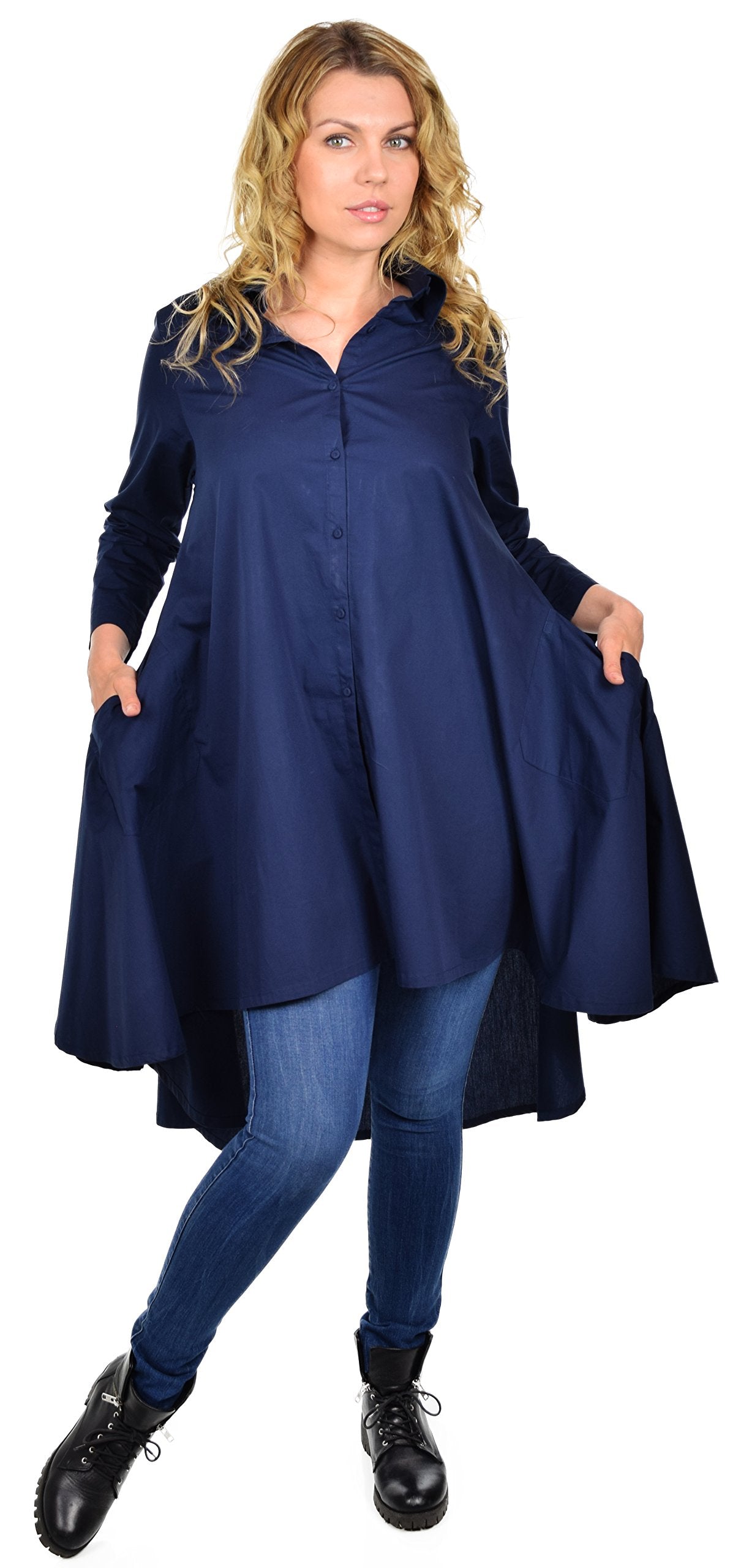 Hi Low Button Down A Line Swing Dress Shirt Top Reg and Plus Sizes