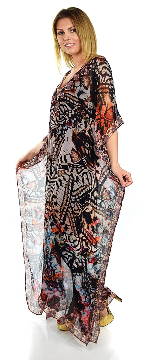 Summer Chiffon Kaftan w/ Embellished Rhinestone Work V Neck | Caftan Dress | Cover Up