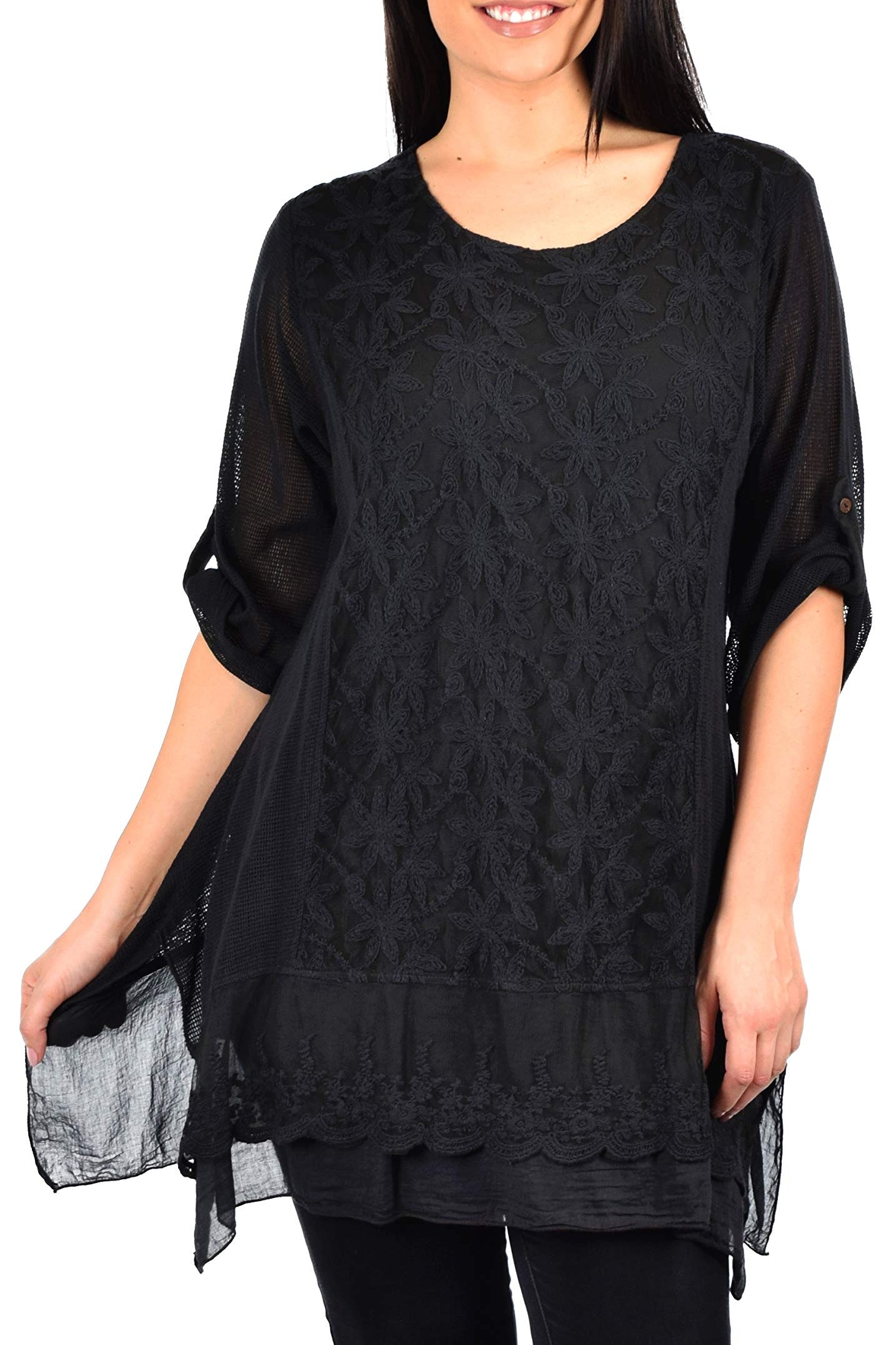 Zopali Women's Plus Size Netted Embroidered Lace Blouse Top w/Roll up Sleeves