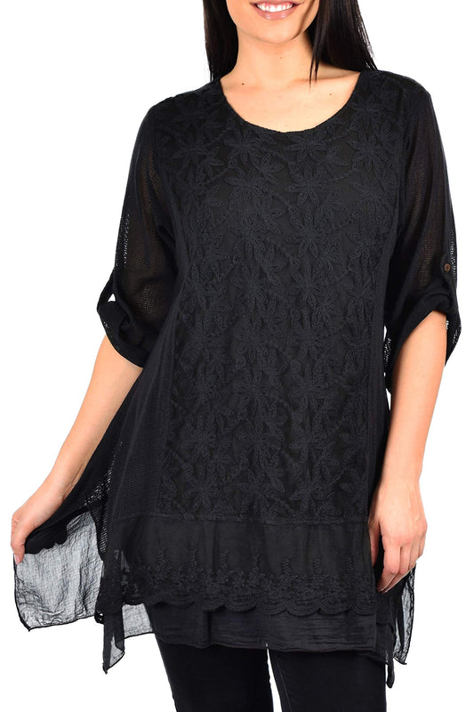 Zopali Women's Plus Size Netted Embroidered Lace Blouse Top w/Roll up Sleeves