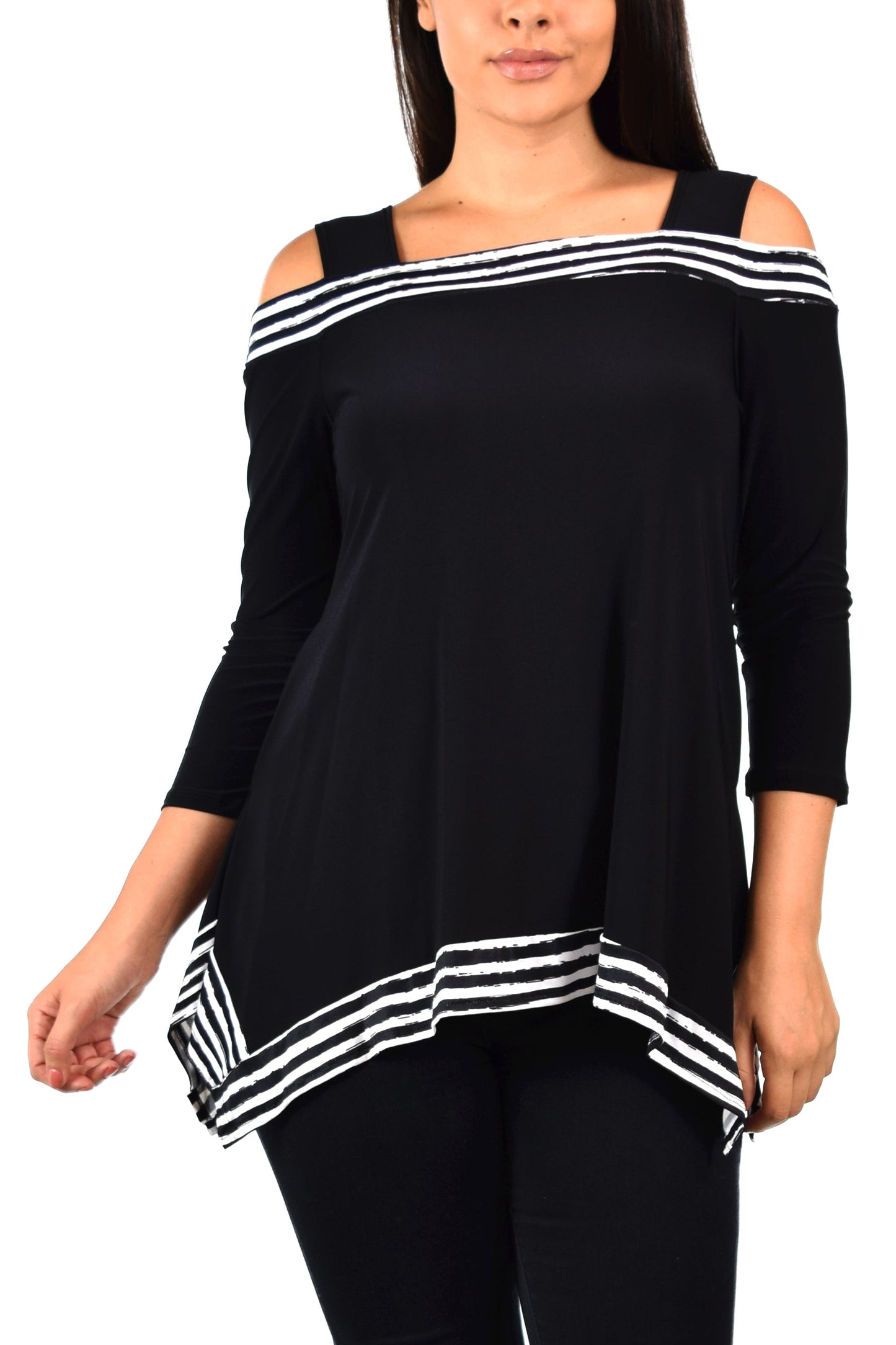 Elegant Classic 2 Tone Cold shoulder Tunic, Black and White Tunic, with details to the shoulders. S to 3XL