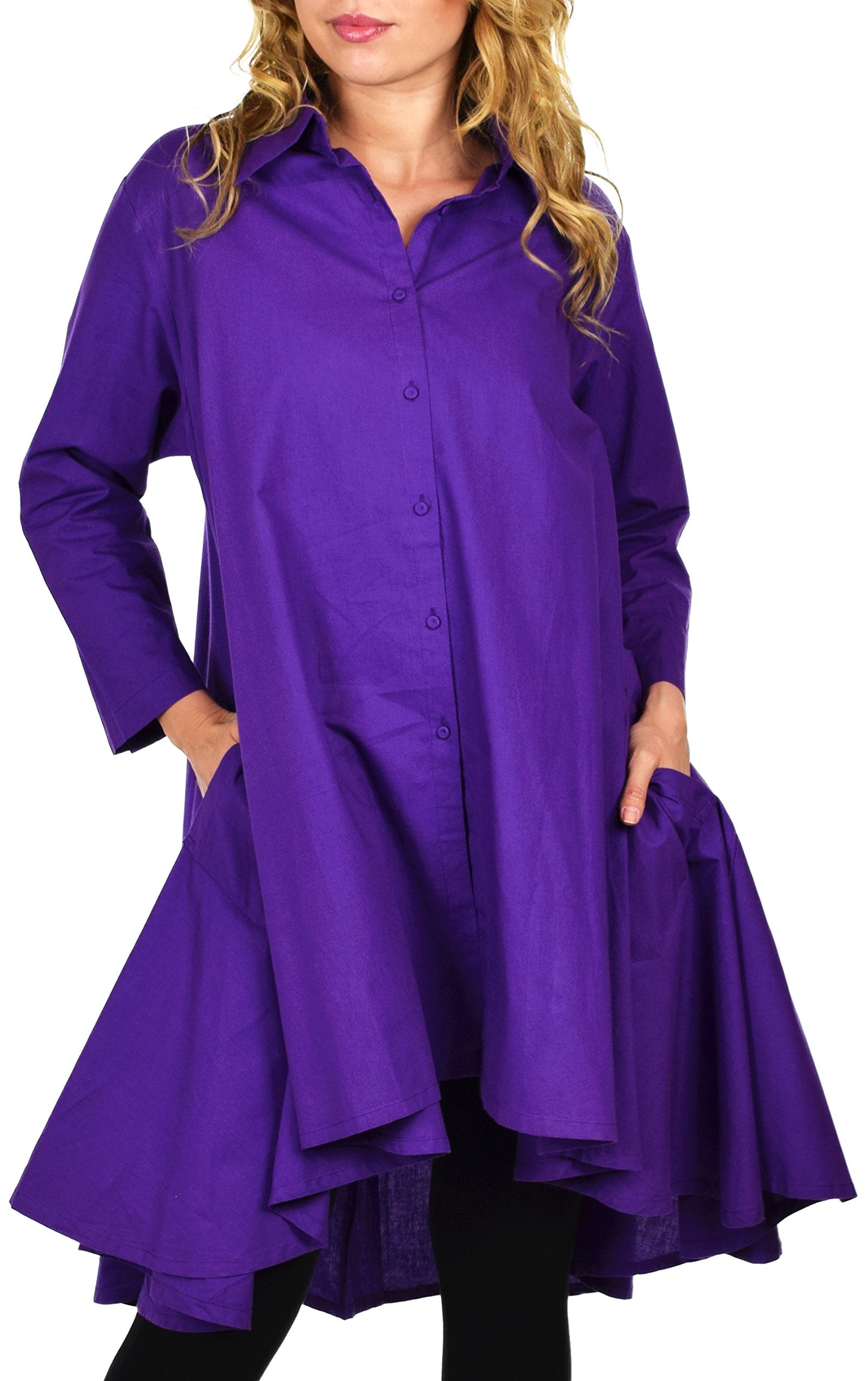 Hi Low Button Down A Line Swing Dress Shirt Top Reg and Plus Sizes