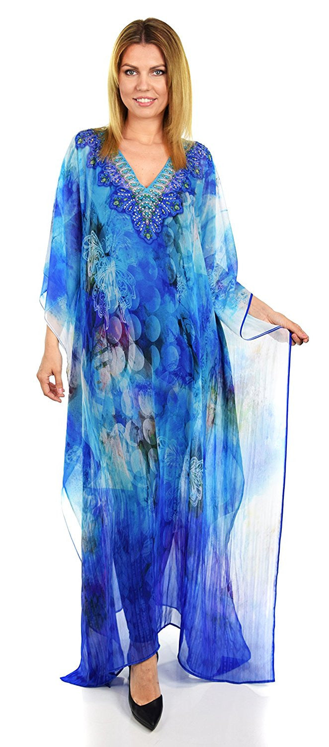 Summer Chiffon Kaftan w/ Embellished Rhinestone Work V Neck | Caftan Dress | Cover Up