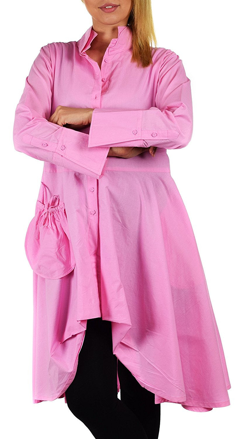 Hi Lo Banded Collar Button Down A Line Swing Dress Shirt Top