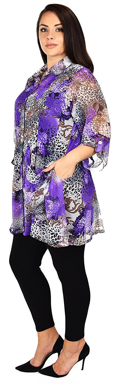 Button Down Semi-Sheer Tunic Blouse Shirt w/ Roll Up Sleeves