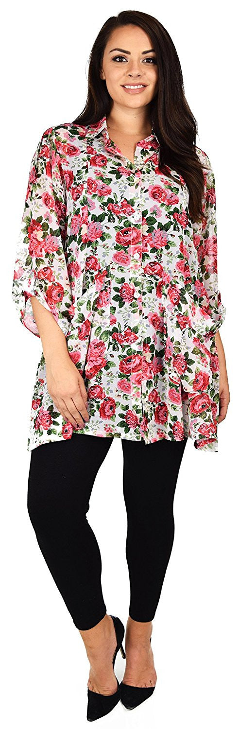 Button Down Semi-Sheer Tunic Blouse Shirt w/ Roll Up Sleeves