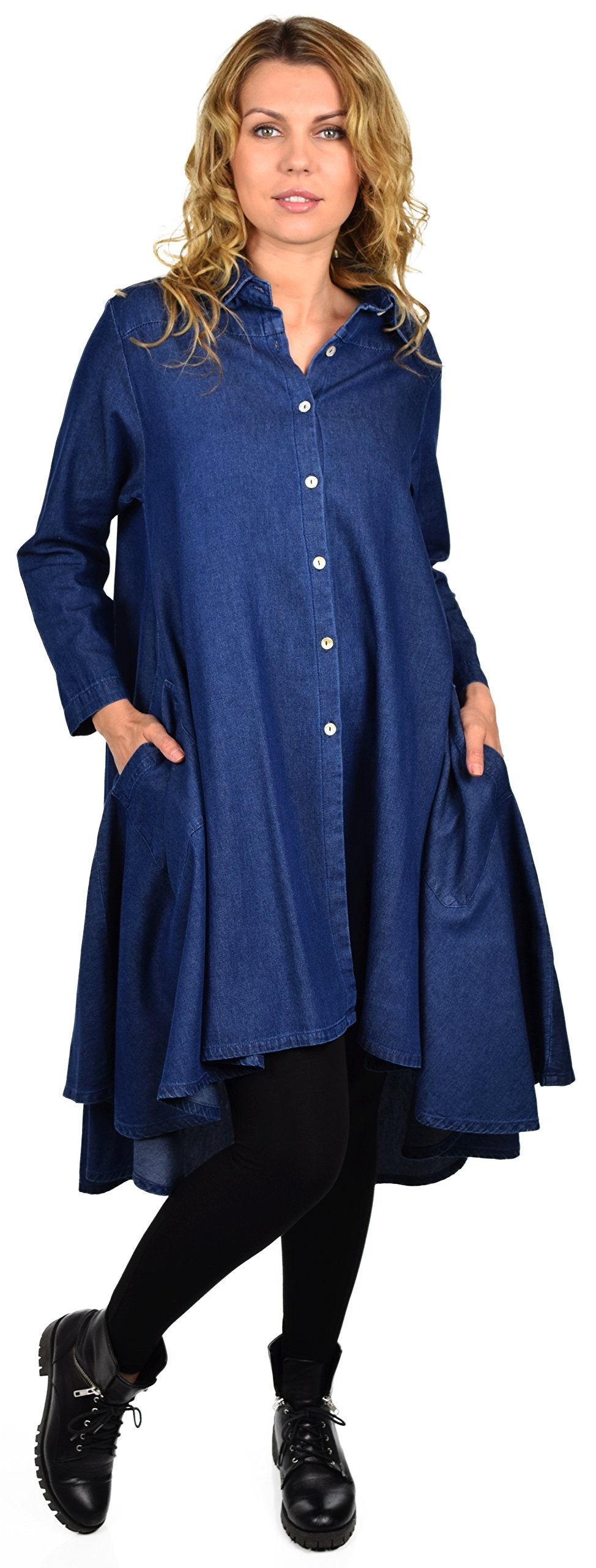 Hi Low Button Down A Line Swing Dress Shirt Top Reg and Plus Sizes