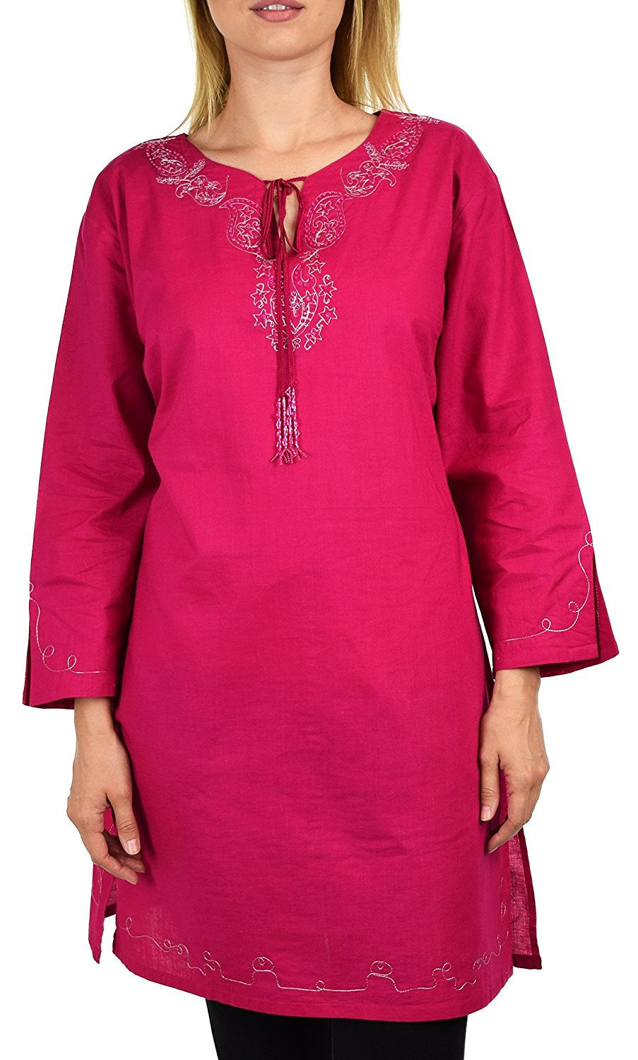 Embroidered Cotton Blouse, Women Cotton Tunic, Cotton Summer Tunic, Cotton Beach Wear,  Shirt Top w/ Drawstring Neck Reg and Plus Sizes