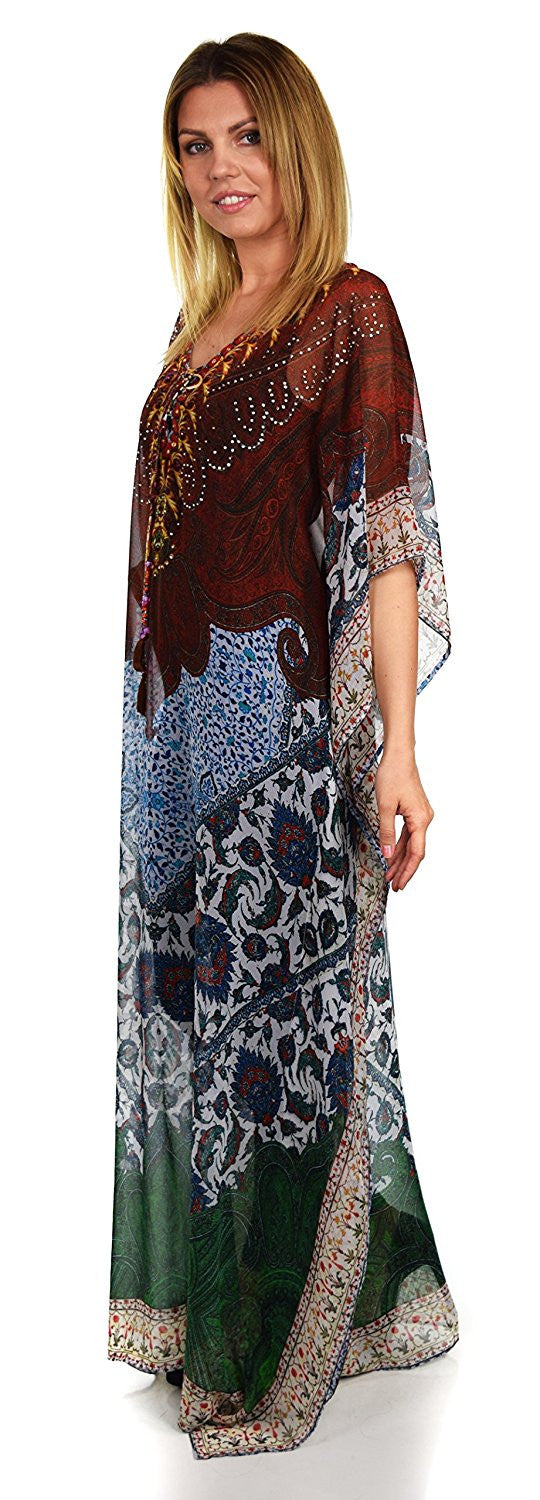 Semi Sheer Chiffon Digital Print Embellished Caftan Kaftan Rhinestone Work V Neck / Caftan Dress/ Cover Up
