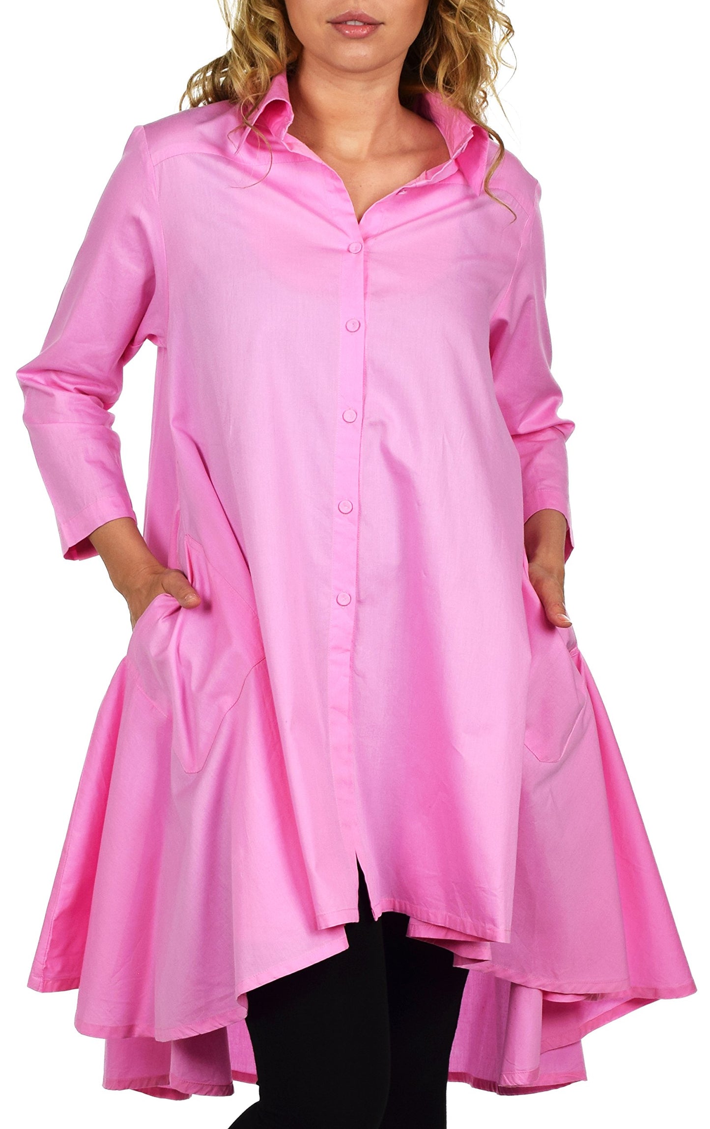 Hi Low Button Down A Line Swing Dress Shirt Top Reg and Plus Sizes