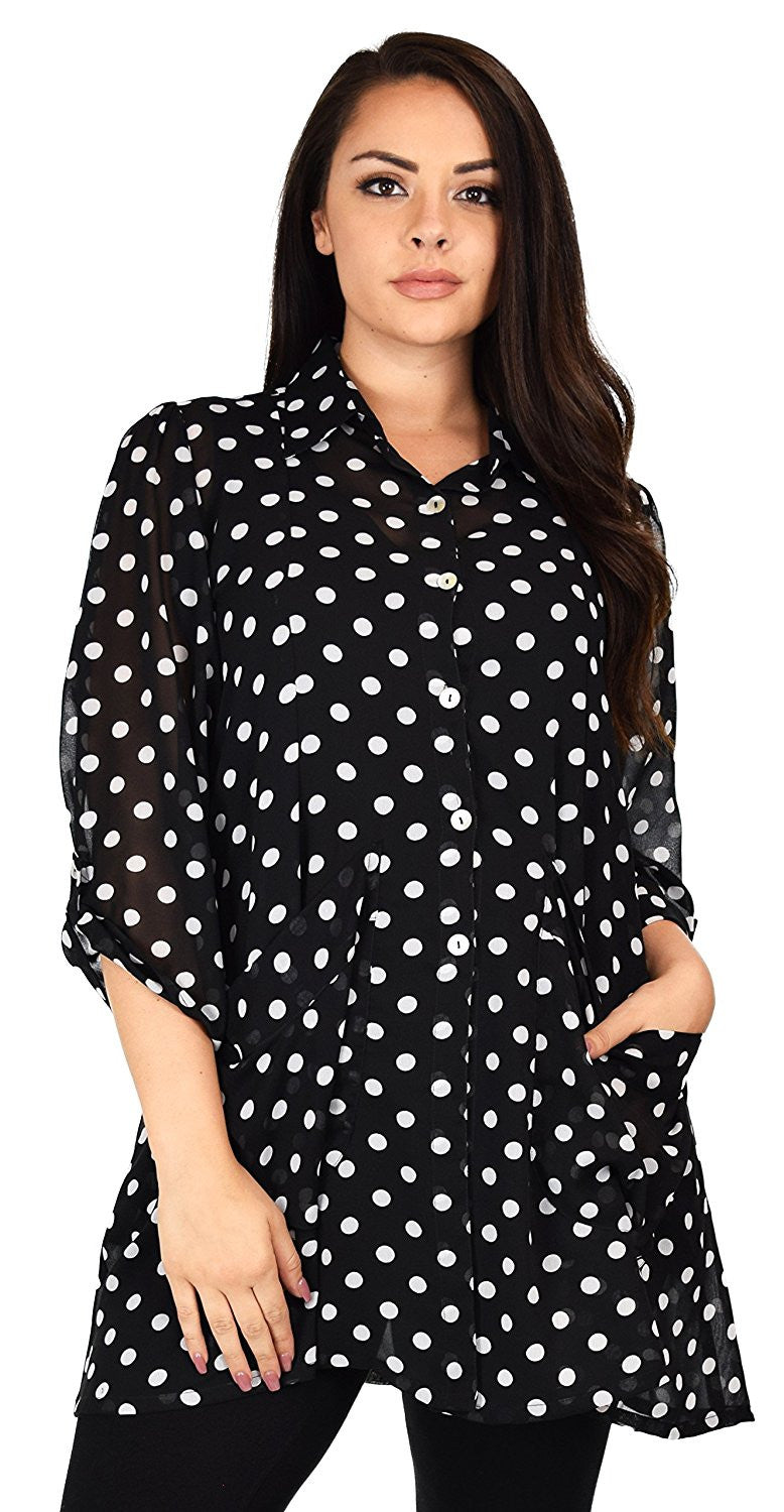 Button Down Semi-Sheer Tunic Blouse Shirt w/ Roll Up Sleeves