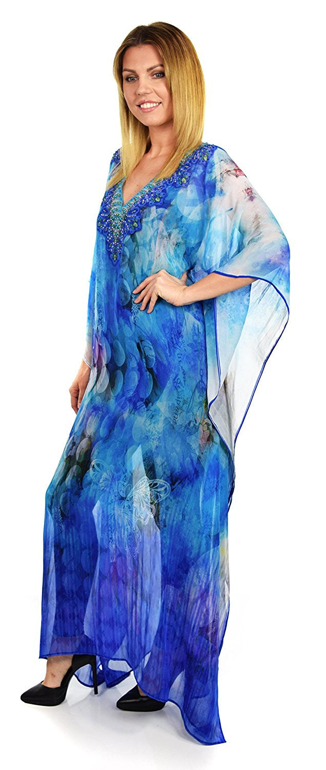Summer Chiffon Kaftan w/ Embellished Rhinestone Work V Neck | Caftan Dress | Cover Up
