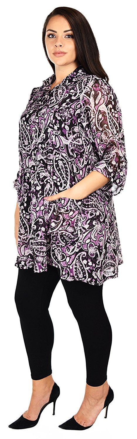 Button Down Semi-Sheer Tunic Blouse Shirt w/ Roll Up Sleeves
