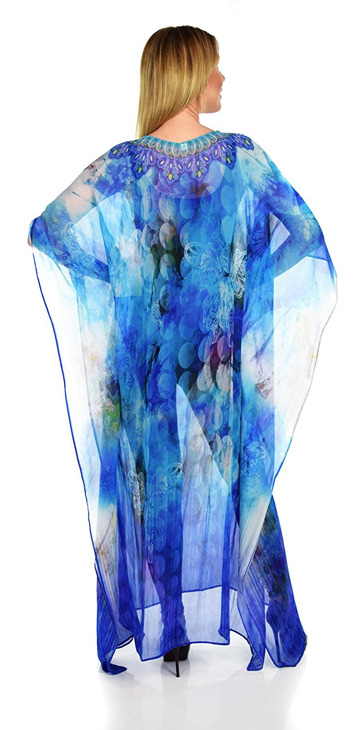 Summer Chiffon Kaftan w/ Embellished Rhinestone Work V Neck | Caftan Dress | Cover Up