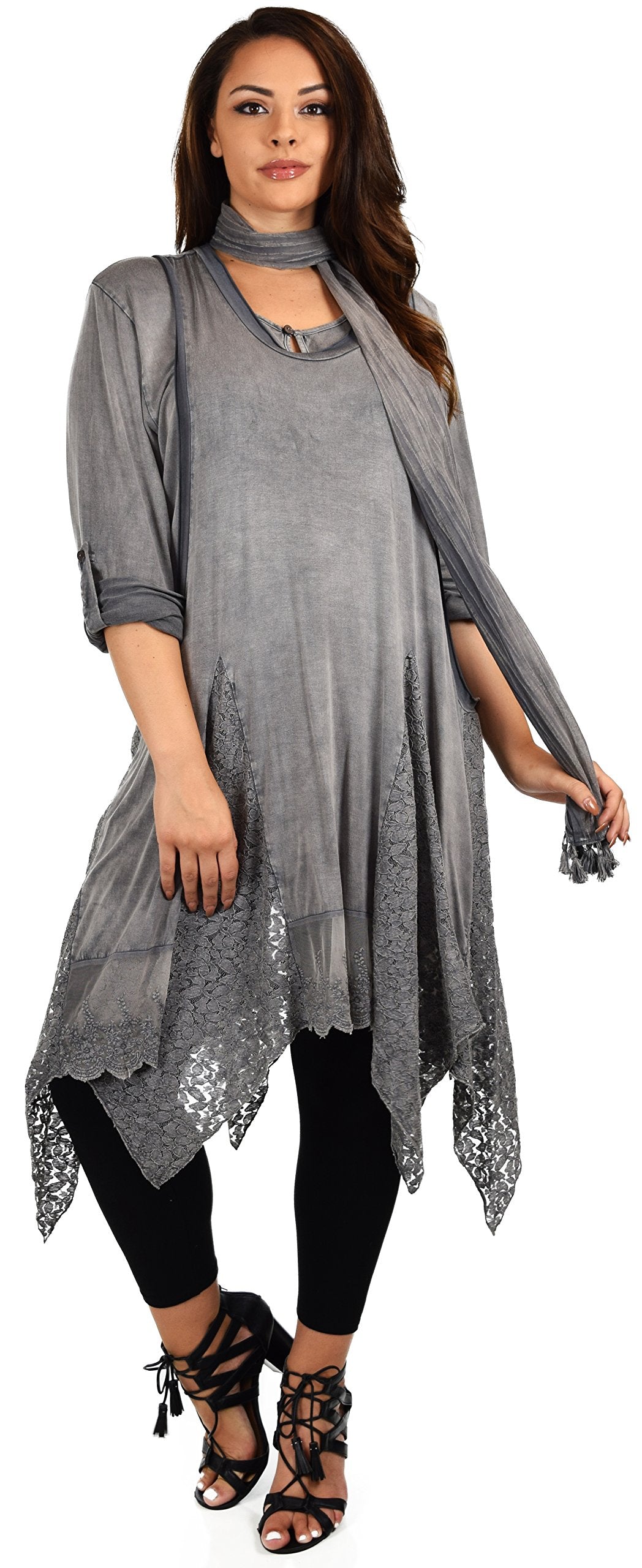 Dare2bStylish Women Plus Size Asymmetrical Lace Tunic Blouse Top Set with Scarf, 3 pc tunic set, Plus size tunic set