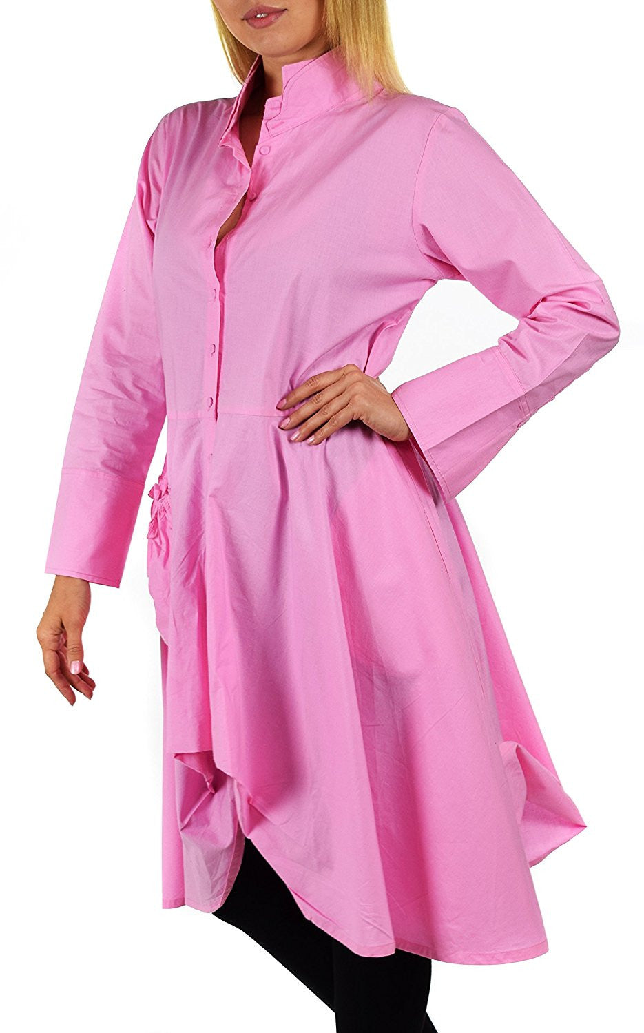 Hi Lo Banded Collar Button Down A Line Swing Dress Shirt Top