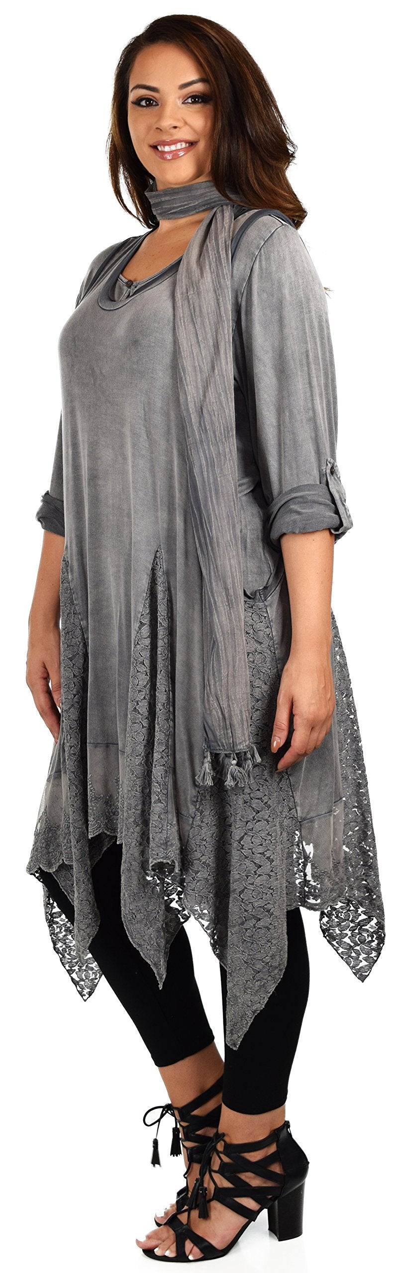 Dare2bStylish Women Plus Size Asymmetrical Lace Tunic Blouse Top Set with Scarf, 3 pc tunic set, Plus size tunic set