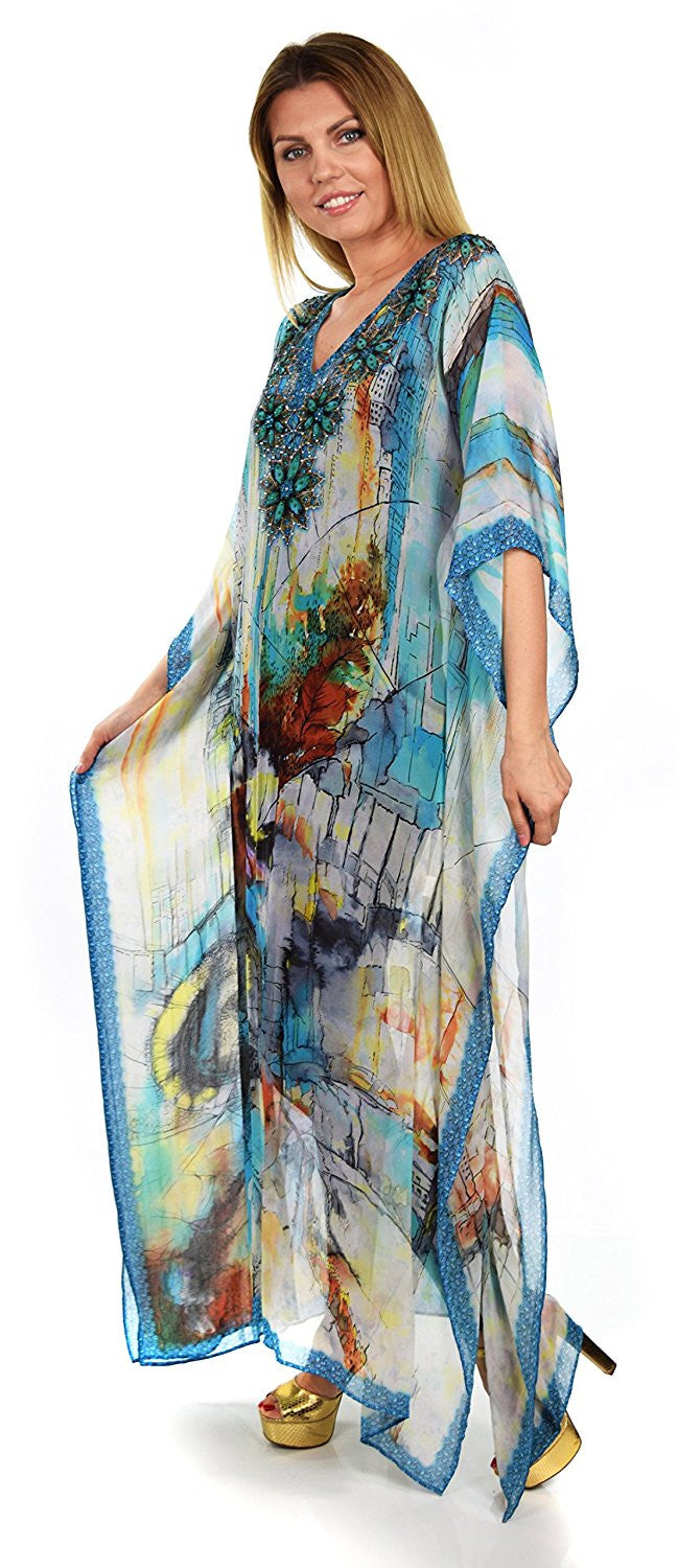 Summer Chiffon Kaftan w/ Embellished Rhinestone Work V Neck | Caftan Dress | Cover Up