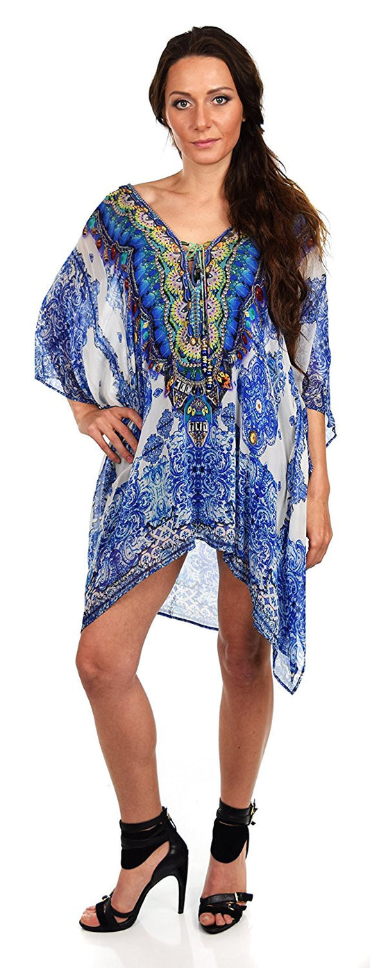 Digital Print Embellished Caftan Kaftan with Neck Drawstring and Rhinestone Work V Neck / Cover Up