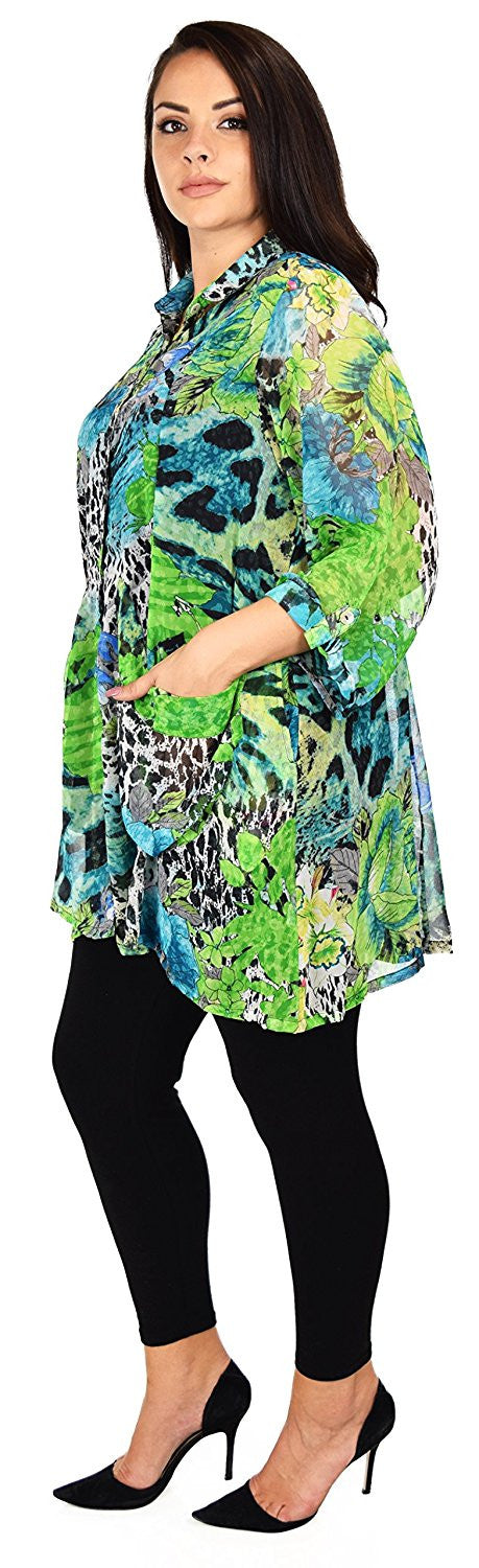 Button Down Semi-Sheer Tunic Blouse Shirt w/ Roll Up Sleeves