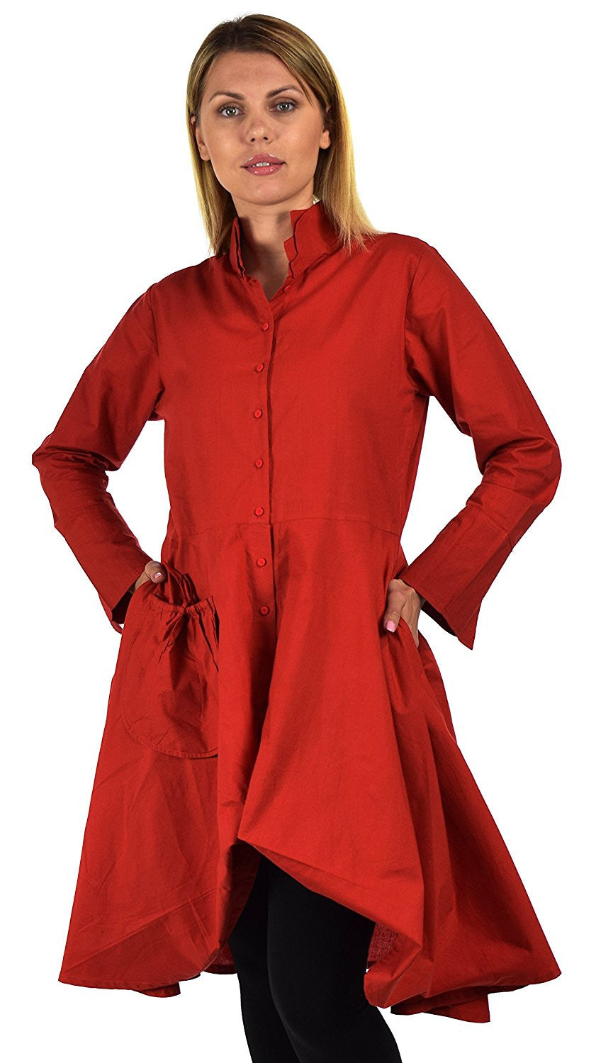 Hi Lo Banded Collar Button Down A Line Swing Dress Shirt Top