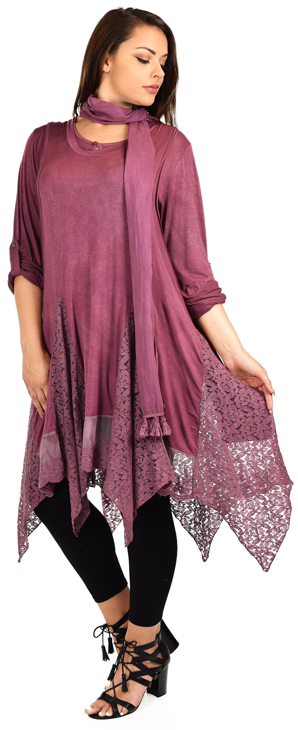 Dare2bStylish Women Plus Size Asymmetrical Lace Tunic Blouse Top Set with Scarf, 3 pc tunic set, Plus size tunic set