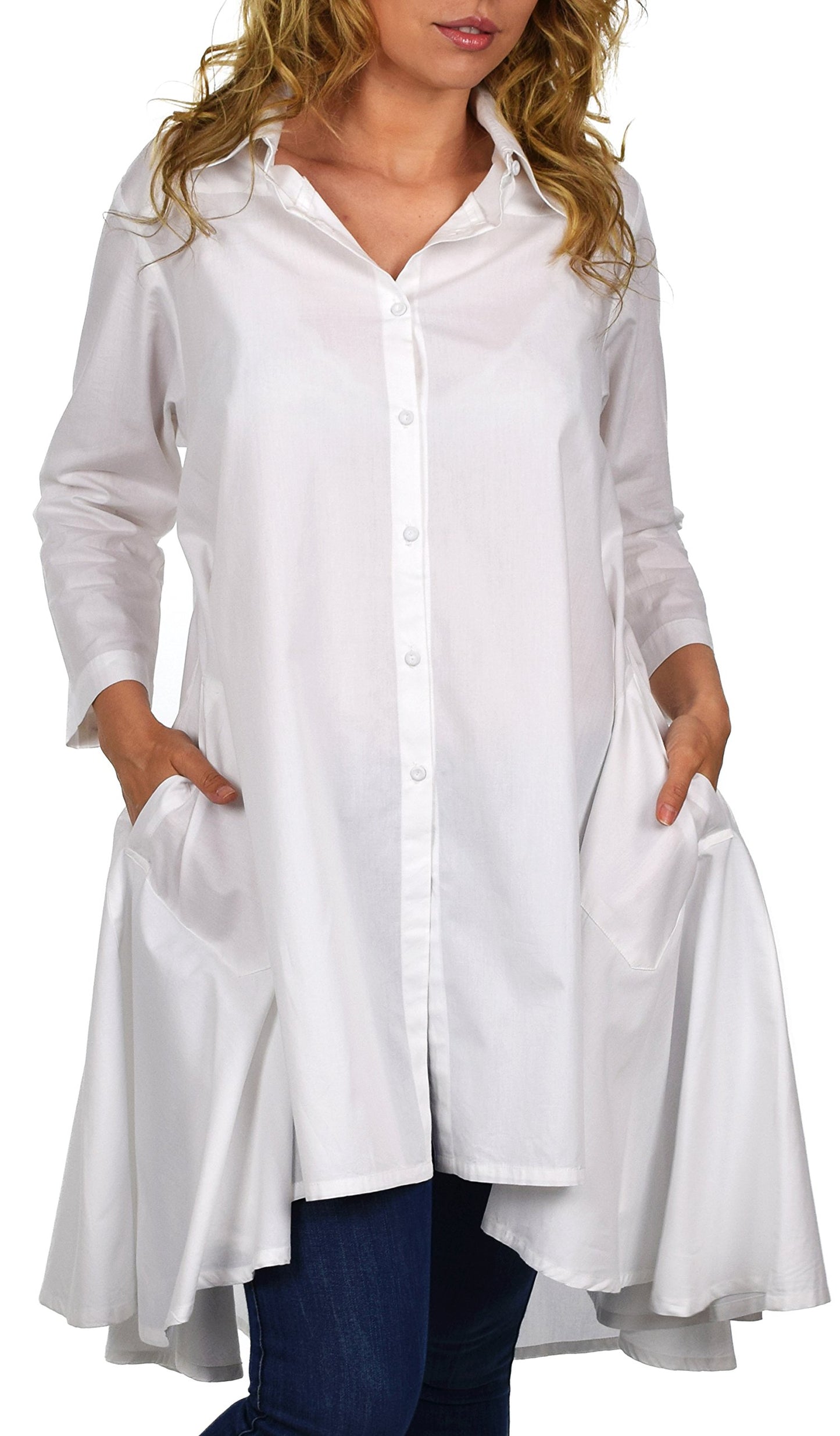 Hi Low Button Down A Line Swing Dress Shirt Top Reg and Plus Sizes