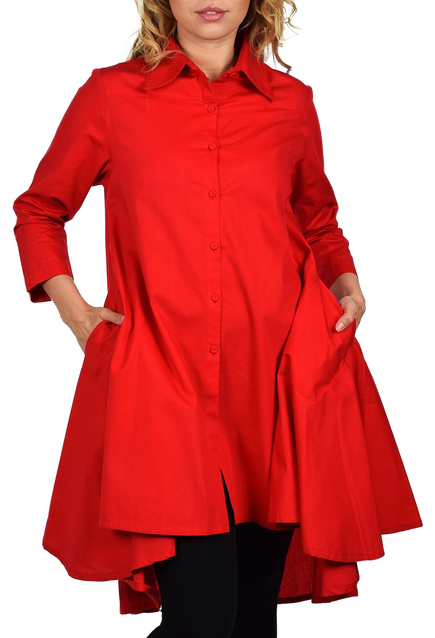 Hi Low Button Down A Line Swing Dress Shirt Top Reg and Plus Sizes